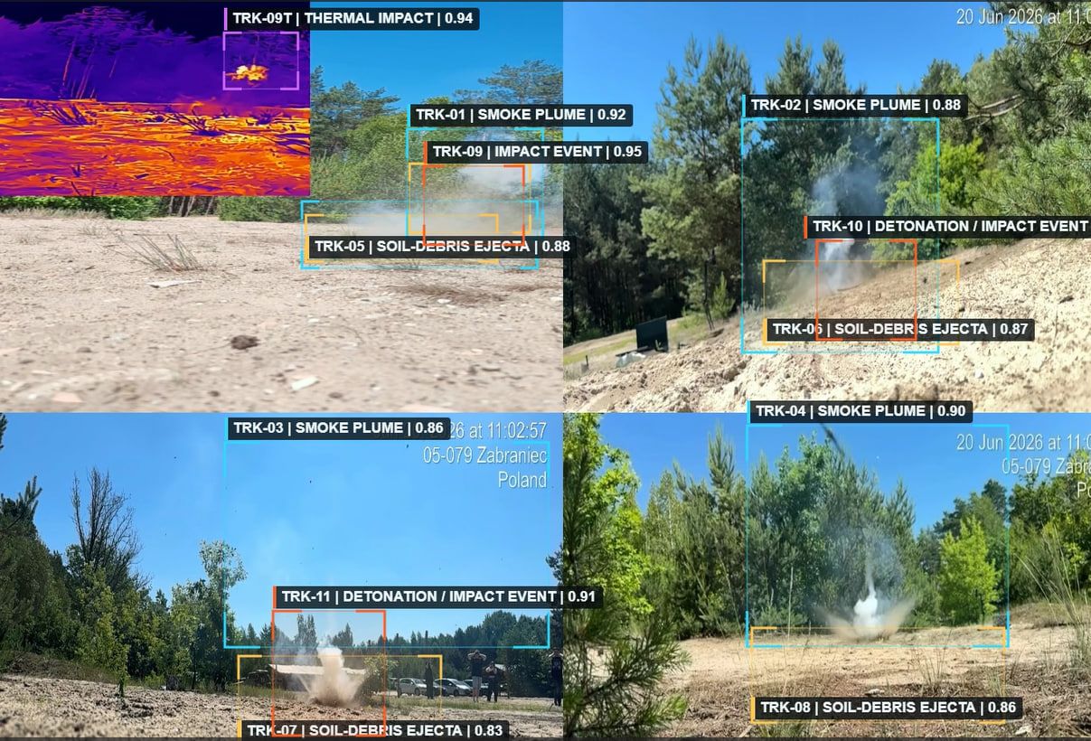 Multi-source battle damage assessment view combining RGB, thermal, and event detection outputs.
