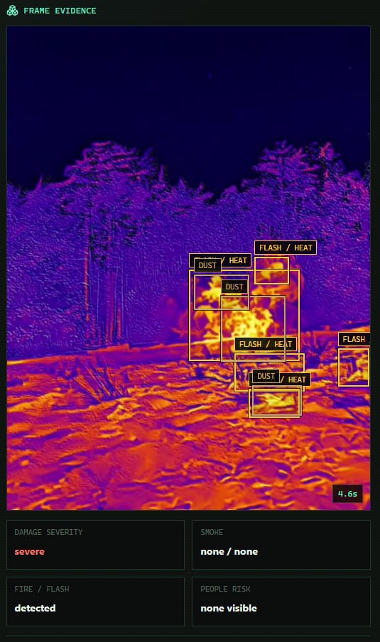 Thermal frame evidence interface showing detected heat, dust, and flash signatures.