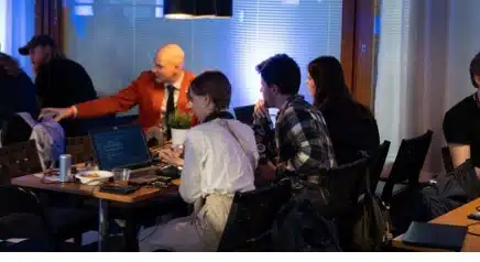 AeroRozum team working through system integration during the Aalto Defence hackathon.